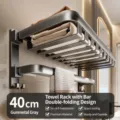 Gun gray folding towel rack for bathroom wall mount, sturdy grid storage shelf unit. - Double Foldable Mesh Basket Towel Rack / 40CM / Gunmetal Gray