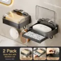 Wall-mounted soap dish with lid gray ABS bathroom sponge holder drainage rack 2pcs - 2-Piece Set / Gun Grey