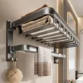 Gun grey wall-mounted bathroom towel rack with folding shelf and hooks, punch-free design. - Double Foldable Mesh Basket Towel Rack / 50cm / Gunmetal Gray