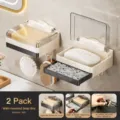 Wall-mounted soap dish with lid, punch-free suction cup holder, drainage bathroom organizer - 2-Piece Set / Milk White