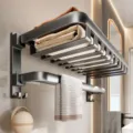 Gunmetal wall mounted folding towel rack punch free bathroom mesh storage shelf 60cm - Double Foldable Mesh Basket Towel Rack / 60CM / Gunmetal Gray