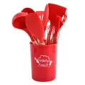 Set di utensili da cucina in silicone rosso manici in legno scatola portaoggetti 12 pezzi. - Rosso