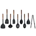 Set de utensilios de cocina de silicona 9 piezas con mangos de madera para menaje antiadherente. - Juego De 9 / Negro