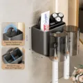 Portaspazzolino da muro senza foratura a doppia fessura mensola da bagno con tazze - Doppia Fessura con Tazza / Grigio Lusso