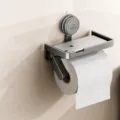 Gun-metal grey suction cup toilet paper holder with phone shelf, wall mounted tissue organizer. - Suction Tissue Holder without Cover / Gunmetal