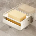 Jabonera de pared de doble capa en color crema, soporte de plástico moderno para baño. - 1 Unidad / Crema