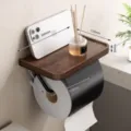 Walnut wood toilet paper holder with top storage shelf for bathroom and washroom use. - Flagship Cover Tissue Holder
