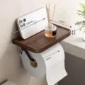 Walnut wood bathroom toilet paper holder with storage shelf and phone stand for hotel. - Flagship Open Tissue Holder