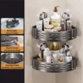 Bathroom corner shelf suction cup shower caddy wall mounted storage rack dark gray - Double Tier with 4 Hooks / Gunmetal Gray