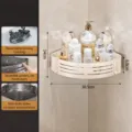 Corner bathroom shower caddy suction cup wall mounted storage shelf organizer for shampoo - Single Tier with 2 Hooks / Creamy White