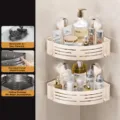 Étagère d'angle de salle de bain à ventouse double couche support de rangement douche. - Double Couche avec 4 Crochets / Blanc Crème