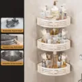 Éagère d'Angle de Douche 3 Niveaux, Blanc Cassé Sans Perçage Ventouse Organisateur Mural - Triple Couche avec 6 Crochets / Blanc Crème