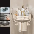 Etagere d'angle de douche ventouse support mural porte-serviettes plastique blanc - Simple Couche avec Barre et 6 Crochets / Blanc Crème
