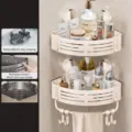 Etagere d'angle a ventouse pour salle de bain support de douche mural organisateur - Double Couche avec Barre et 8 Crochets / Blanc Crème