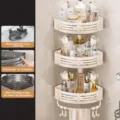 Étagère d'angle de douche à ventouse à 3 niveaux support de rangement mural salle - Triple Couche avec Barre et 10 Crochets / Blanc Crème