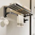 Gun gray wall-mounted towel rack carbon steel folding bathroom shelf with storage hooks. - 60CM / Gunmetal Gray
