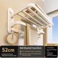 Cream suction cup towel rack wall-mounted bathroom folding storage shelf with hooks. - Double Folding Bath Towel Rack / 50cm / Cream