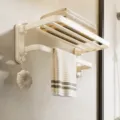 Wall-mounted towel rack bathroom organizer carbon steel folding shelf space saver - 40CM / Creamy White