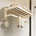 Wall-mounted towel rack for bathroom, punch-free carbon steel storage shelf with folding hooks. - 50cm / Creamy White