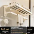 Wall-mounted white towel rack bathroom storage organizer with foldable shelf and hooks. - 60CM / Creamy White