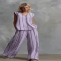 Purple striped two piece set, casual V-neck sleeveless top and loose wide leg trousers. - 3XL / Top And Bottom / Lavender