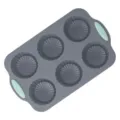 6-cup grey silicone cake mold with mint handles, ideal for DIY baking, handmade soaps, and chocolates. - 6-Hole Sunflower Tray / Two-Tone (PP Bag Packaged)