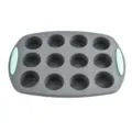 Stampo per muffin in silicone grigio con 12 cavità e manici verdi per cottura e pasticceria - Stampo piccolo per muffin a 12 cavità / Due colori
