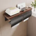 Walnut wood toilet paper holder with double roll dispenser and storage shelf bathroom accessory - Luxury Double Cover Tissue Holder