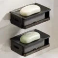 Jabonera de pared para bano, de aluminio espacial sin perforacion, acabado en color negro. - Juego de 2 Piezas / Negro Mate