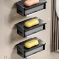 Jabonera de pared de aluminio espacial soporte para jabón de baño con rejilla esponja gris - Juego de 3 / Negro Mate
