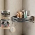 Gun gray bathroom corner shelf single layer space aluminum wall mounted shower organizer storage - Single Tier 2 Hooks / Thickened Triangular / Gunmetal