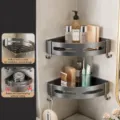 Gun gray double layer bathroom corner shelf, punch-free shower room wall storage rack. - Double Tier 4 Hooks / Thickened Triangular / Gunmetal