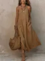 One-shoulder sleeveless solid color dress, vintage vacation style dress detail shot. - S / Dresses / Khaki
