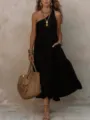 Detailed view of the elegant black one-shoulder sleeveless dress, perfect for summer vacation. - S / Dresses / Black