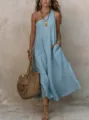 Elegant one-shoulder dress detail showcasing the textured light blue fabric and cozy side pocket. - S / Dresses / Sky Blue
