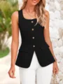 Women sleeveless blazer vest square neck business casual chic black waistcoat top main view - S / Black