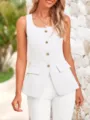 Elegant white sleeveless suit vest with gold buttons for women, chic square neck design. - S / White