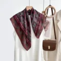 Vintage paisley print square scarf, elegant burgundy silk feel neckerchief for women. - CY-7