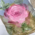 Detailed view of women's gradient green silk scarf featuring a large pink rose floral print. - 160-50cm / Pink Rose