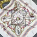 Details of the vintage carriage silk square scarf, showing exquisite strap and belt print motifs. - LQ-19