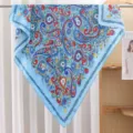 Blue paisley silk square scarf detail view, elegant floral pattern, lightweight neckerchief for women - RY-22