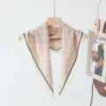 Elegant silk feel polka dot square scarf with striped border, delicate accessory detail. - Light Pink Beige
