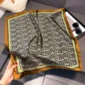Brown silk square scarf with geometric Greek key pattern, elegant neckerchief for women. - LQ-24