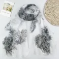 Frühling Sommer Damen langer Schal schick schwarz weiß Pfingstrose Druck Chiffon Tuch - Weiß
