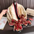 Luxury silk scarf with floral print and camellia clip, elegant black red beige pattern. - Red Starfish