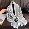 Silk scarf variant featuring black polka dots and camellia flower pattern, lightweight and versatile. - Polka Dot Rose