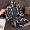 Elegant black and beige geometric silk scarf, lightweight shawl for spring and summer. - Black Square