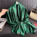 Elegant green silk scarf shawl with chic geometric floral print for versatile spring daily wear style - Dark Green Flower