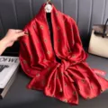 Red silk scarf featuring elegant clover print, versatile lightweight shawl for spring and summer. - Red Small Flower
