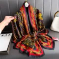 Black and red silk scarf with luxury baroque gold print, elegant vintage shawl for women. - Fu Character on Black Background